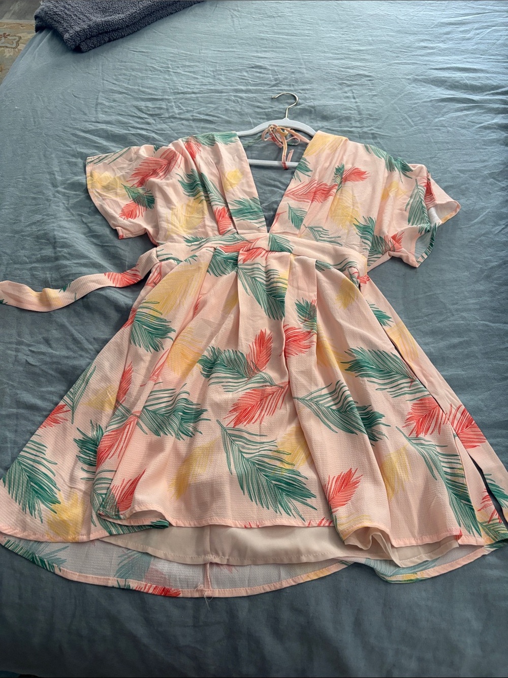 Women's Peach Tropical Print Tie-Waist Dress